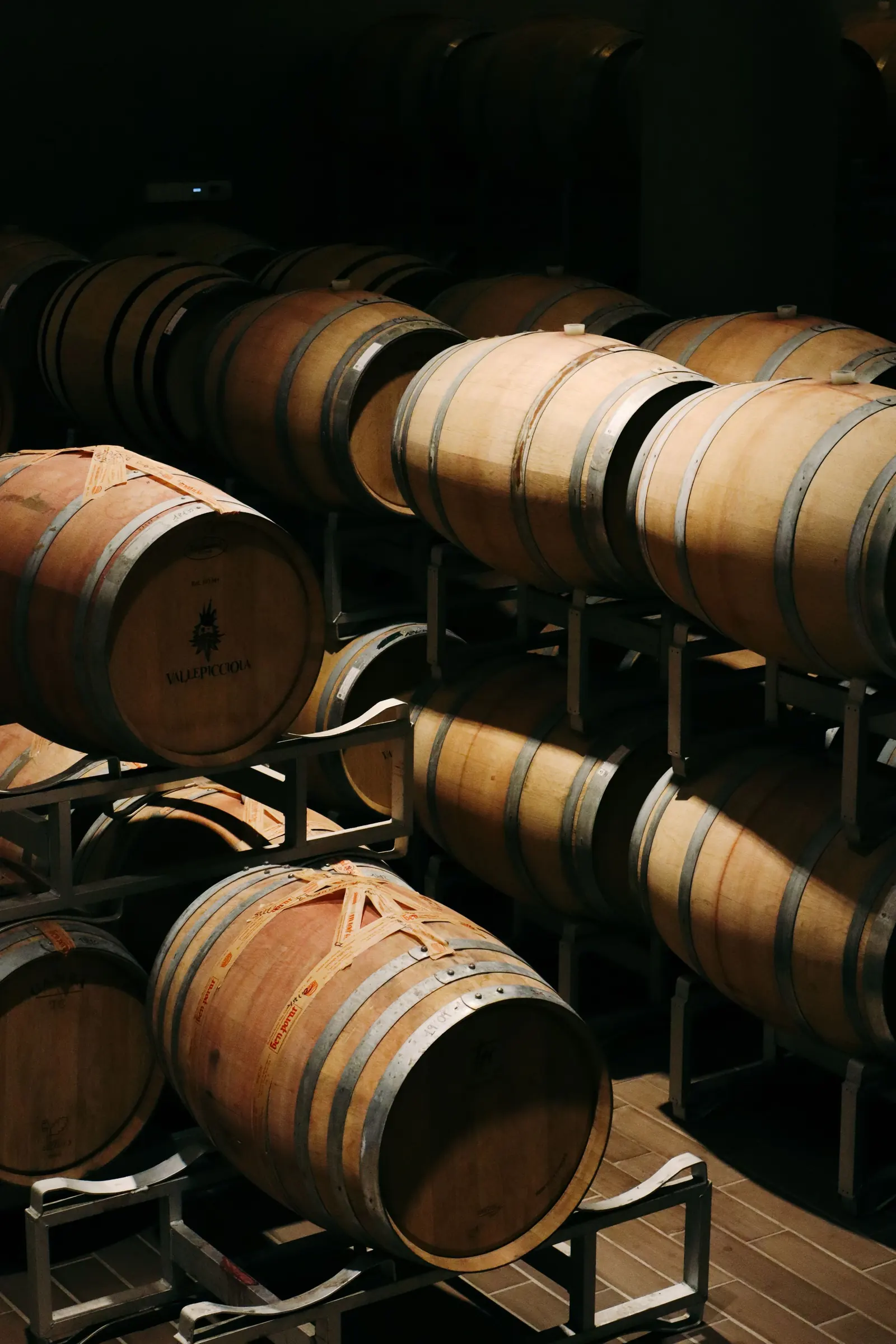 Wooden wine barrels in a dim cellar